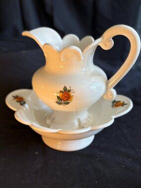 Vintage Yellow Rose Ceramic Pitcher & Water Basin